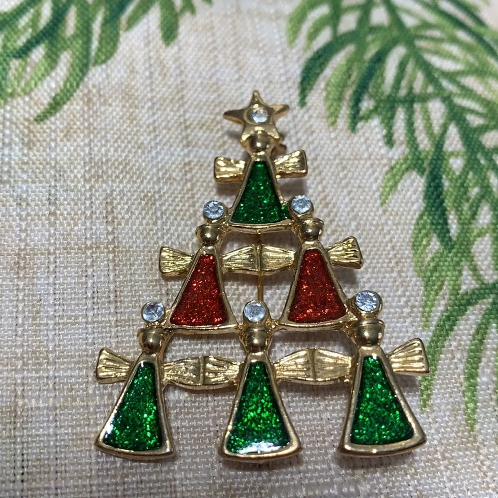 Vtg Angels Christmas Tree Brooch Red Green Enamel Gold Tone Rhinestones